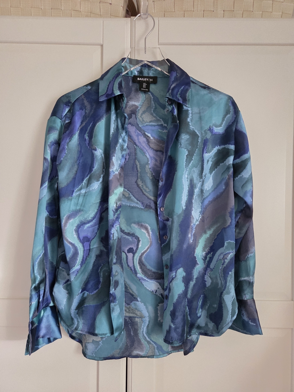 Bailey 44 Teal and Blue Marble-Print Button-Up Blouse